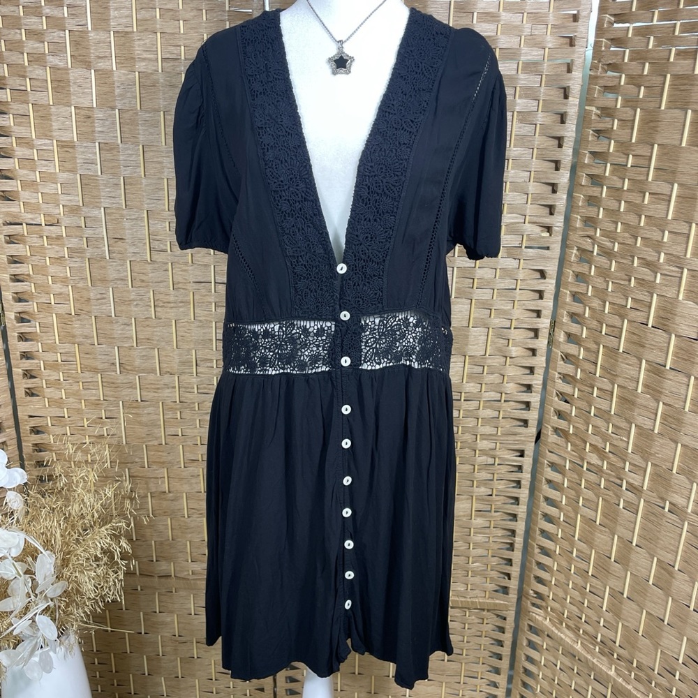 Black Button-Front Dress with Sheer Lace Waist Detail